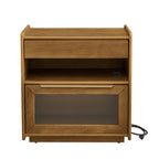 Mid Century Modern Nightstand with Charging Station & Outlet Hole & 2 Drawers, Farmhouse End Table with Open Shelf & Glass Drawer Dresser, Side Cabinet for Living Room Reception Room Dorm-Light Walnut