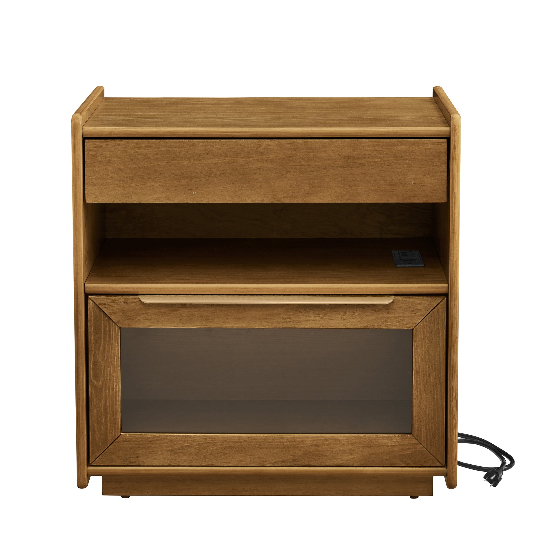 Mid Century Modern Nightstand with Charging Station & Outlet Hole & 2 Drawers, Farmhouse End Table with Open Shelf & Glass Drawer Dresser, Side Cabinet for Living Room Reception Room Dorm-Light Walnut