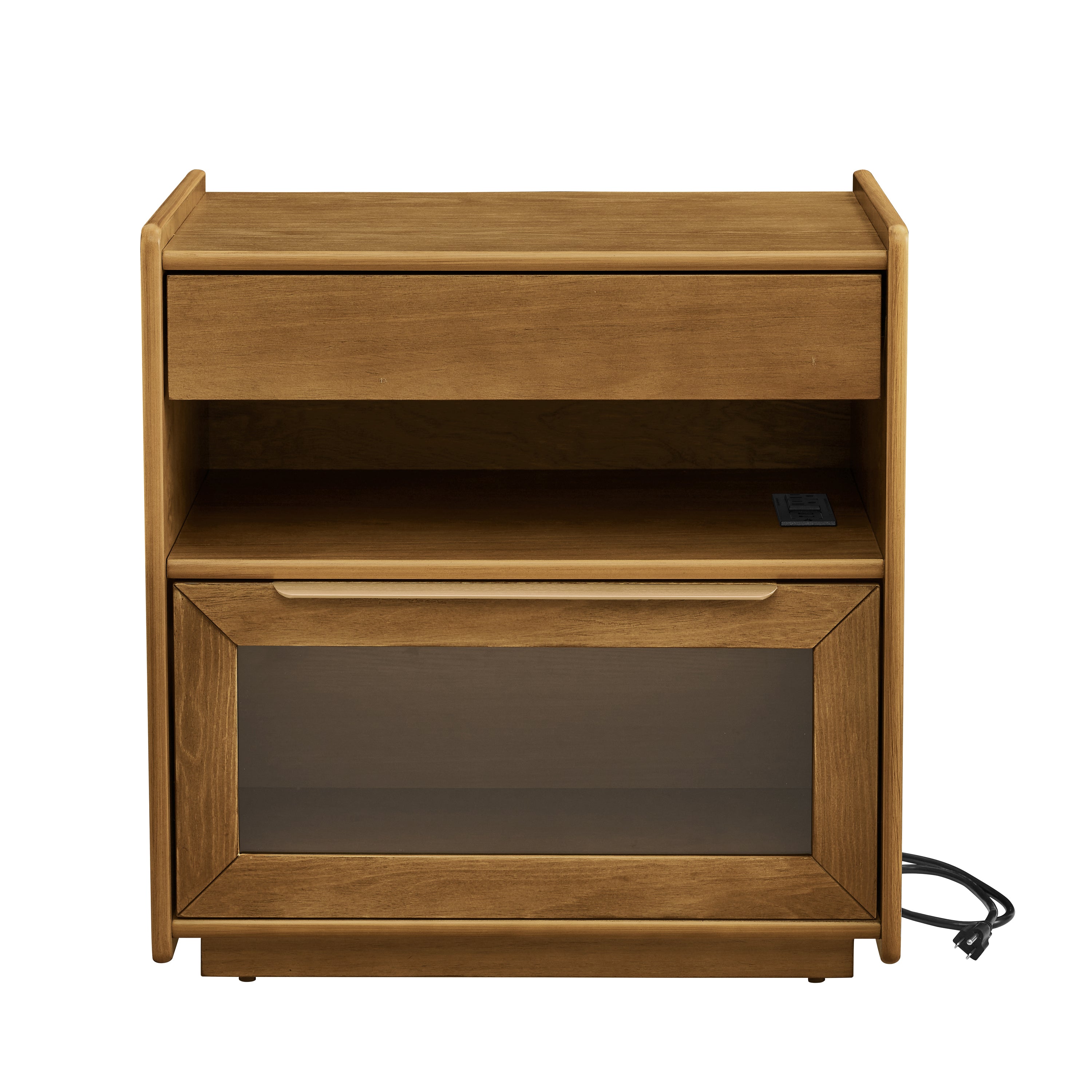 Mid Century Modern Nightstand with Charging Station & Outlet Hole & 2 Drawers, Farmhouse End Table with Open Shelf & Glass Drawer Dresser, Side Cabinet for Living Room Reception Room Dorm-Light Walnut