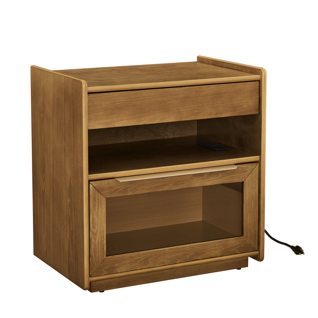 Mid Century Modern Nightstand with Charging Station & Outlet Hole & 2 Drawers, Farmhouse End Table with Open Shelf & Glass Drawer Dresser, Side Cabinet for Living Room Reception Room Dorm-Light Walnut