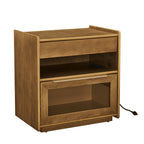 Mid Century Modern Nightstand with Charging Station & Outlet Hole & 2 Drawers, Farmhouse End Table with Open Shelf & Glass Drawer Dresser, Side Cabinet for Living Room Reception Room Dorm-Light Walnut