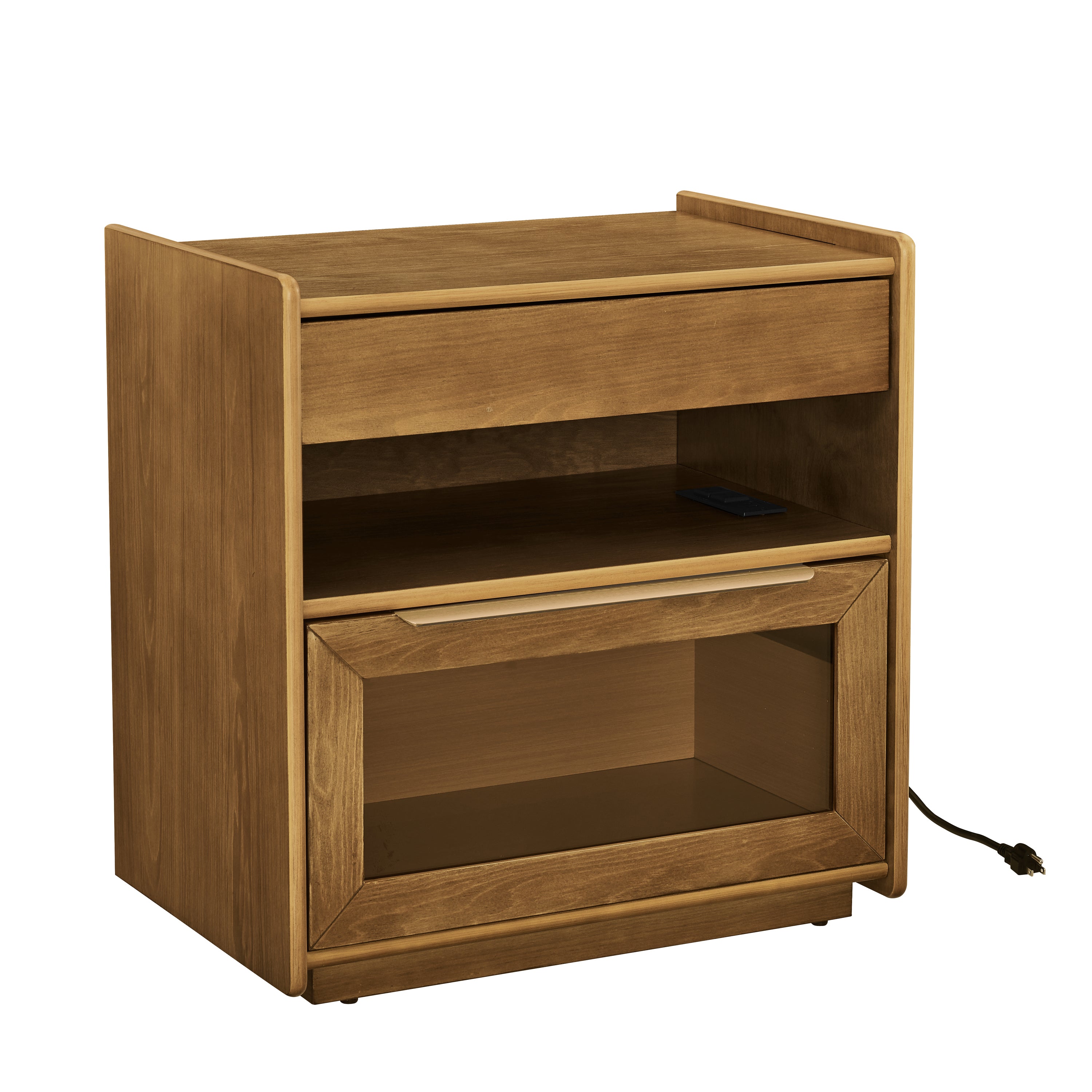 Mid Century Modern Nightstand with Charging Station & Outlet Hole & 2 Drawers, Farmhouse End Table with Open Shelf & Glass Drawer Dresser, Side Cabinet for Living Room Reception Room Dorm-Light Walnut