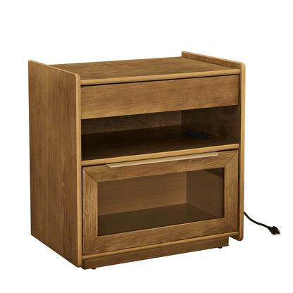 Mid Century Modern Nightstand with Charging Station & Outlet Hole & 2 Drawers, Farmhouse End Table with Open Shelf & Glass Drawer Dresser, Side Cabinet for Living Room Reception Room Dorm-Light Walnut