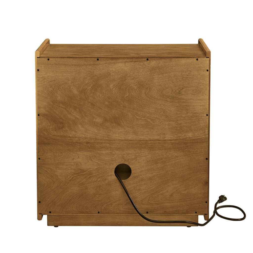 Mid Century Modern Nightstand with Charging Station & Outlet Hole & 2 Drawers, Farmhouse End Table with Open Shelf & Glass Drawer Dresser, Side Cabinet for Living Room Reception Room Dorm-Light Walnut