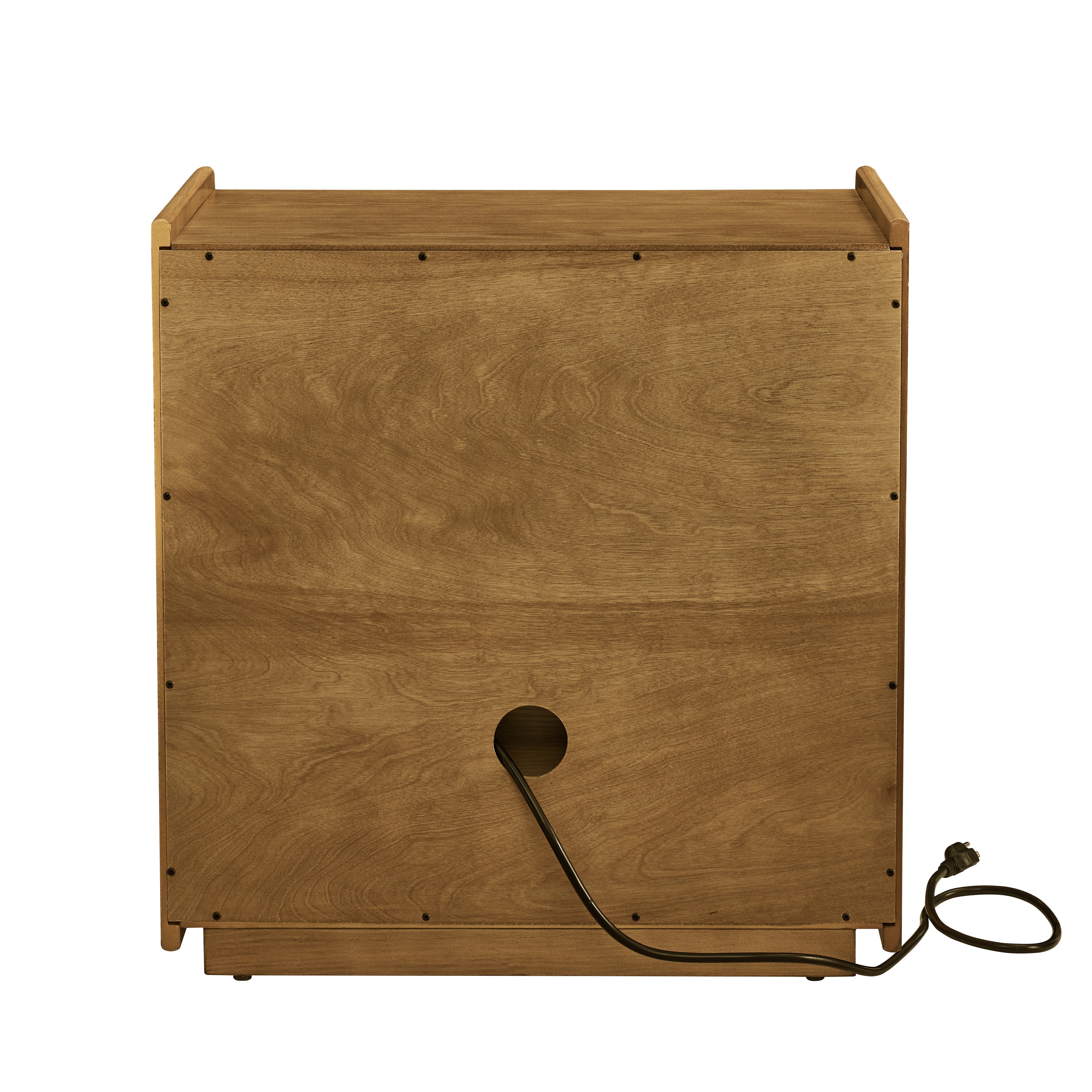 Mid Century Modern Nightstand with Charging Station & Outlet Hole & 2 Drawers, Farmhouse End Table with Open Shelf & Glass Drawer Dresser, Side Cabinet for Living Room Reception Room Dorm-Light Walnut