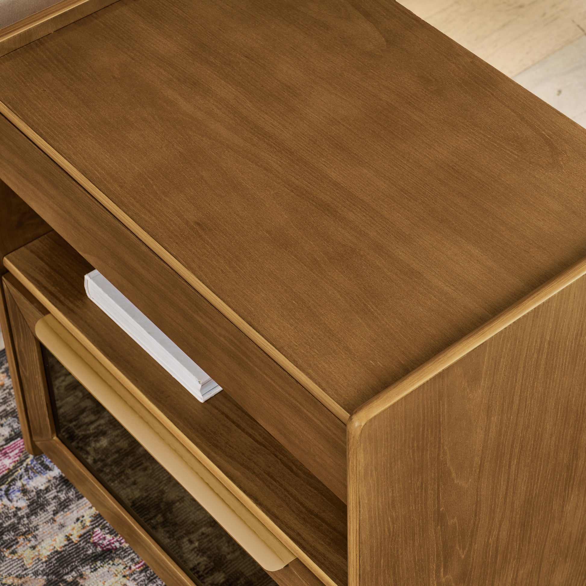 Mid Century Modern Nightstand with Charging Station & Outlet Hole & 2 Drawers, Farmhouse End Table with Open Shelf & Glass Drawer Dresser, Side Cabinet for Living Room Reception Room Dorm-Light Walnut