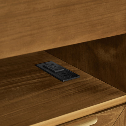 Mid Century Modern Nightstand with Charging Station & Outlet Hole & 2 Drawers, Farmhouse End Table with Open Shelf & Glass Drawer Dresser, Side Cabinet for Living Room Reception Room Dorm-Light Walnut