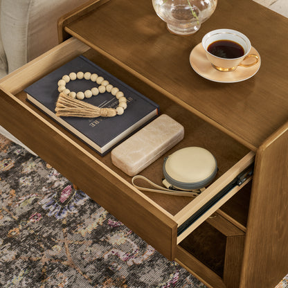 Mid Century Modern Nightstand with Charging Station & Outlet Hole & 2 Drawers, Farmhouse End Table with Open Shelf & Glass Drawer Dresser, Side Cabinet for Living Room Reception Room Dorm-Light Walnut