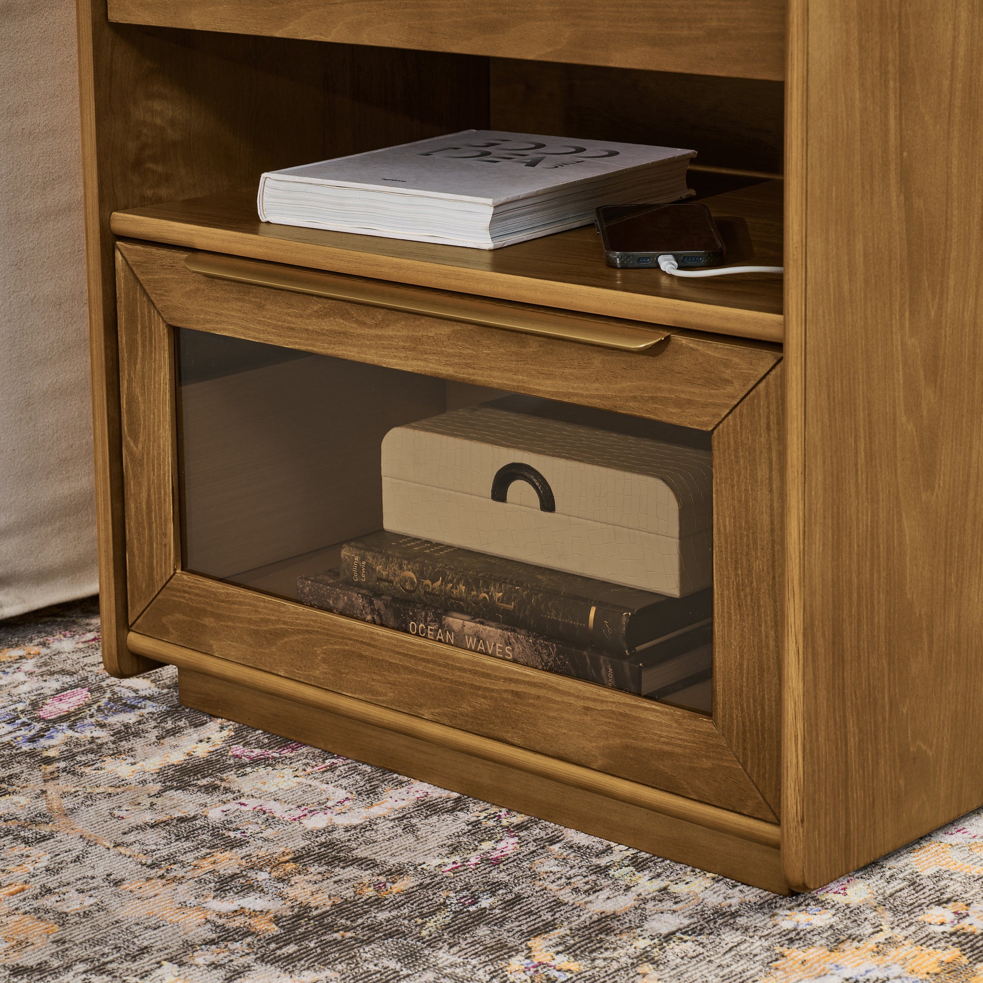 Mid Century Modern Nightstand with Charging Station & Outlet Hole & 2 Drawers, Farmhouse End Table with Open Shelf & Glass Drawer Dresser, Side Cabinet for Living Room Reception Room Dorm-Light Walnut