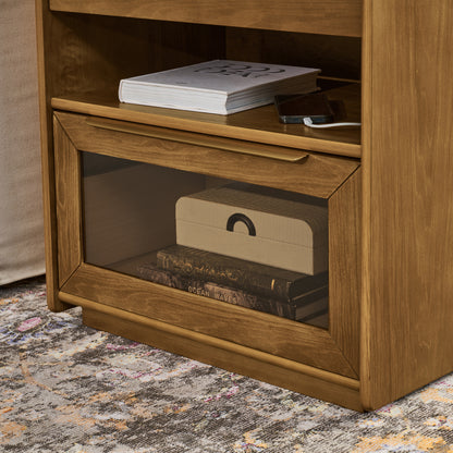 Mid Century Modern Nightstand with Charging Station & Outlet Hole & 2 Drawers, Farmhouse End Table with Open Shelf & Glass Drawer Dresser, Side Cabinet for Living Room Reception Room Dorm-Light Walnut