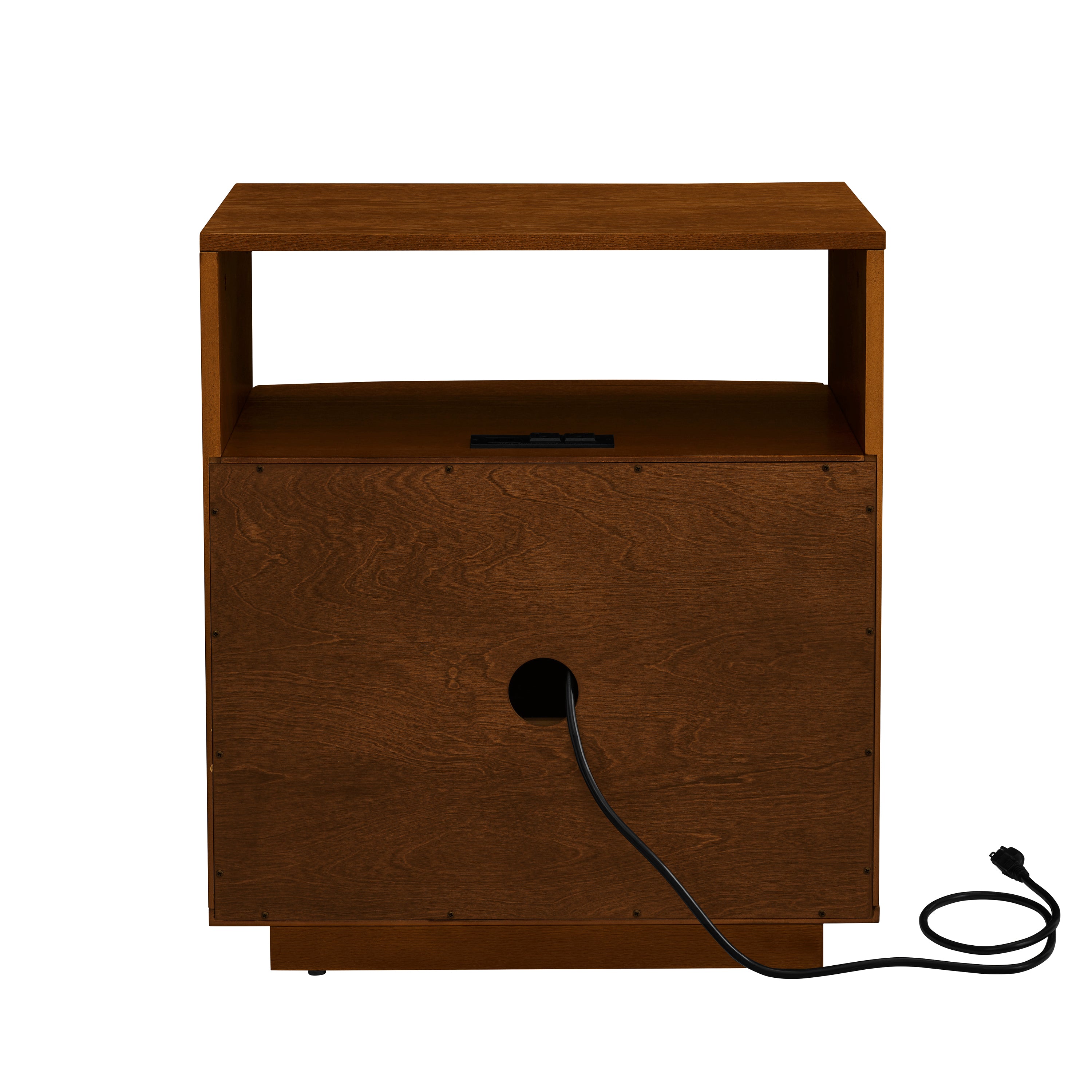 Mid Century Modern Nightstand with Charging Station & Outlet Hole & 2 Solid Wood Drawers, Louver Design Farmhouse End Table with Open Shelf & Drawer Dresser for Living Room Reception Room Dorm, Walnut