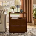 Mid Century Modern Nightstand with Charging Station & Outlet Hole & 2 Solid Wood Drawers, Louver Design Farmhouse End Table with Open Shelf & Drawer Dresser for Living Room Reception Room Dorm, Walnut