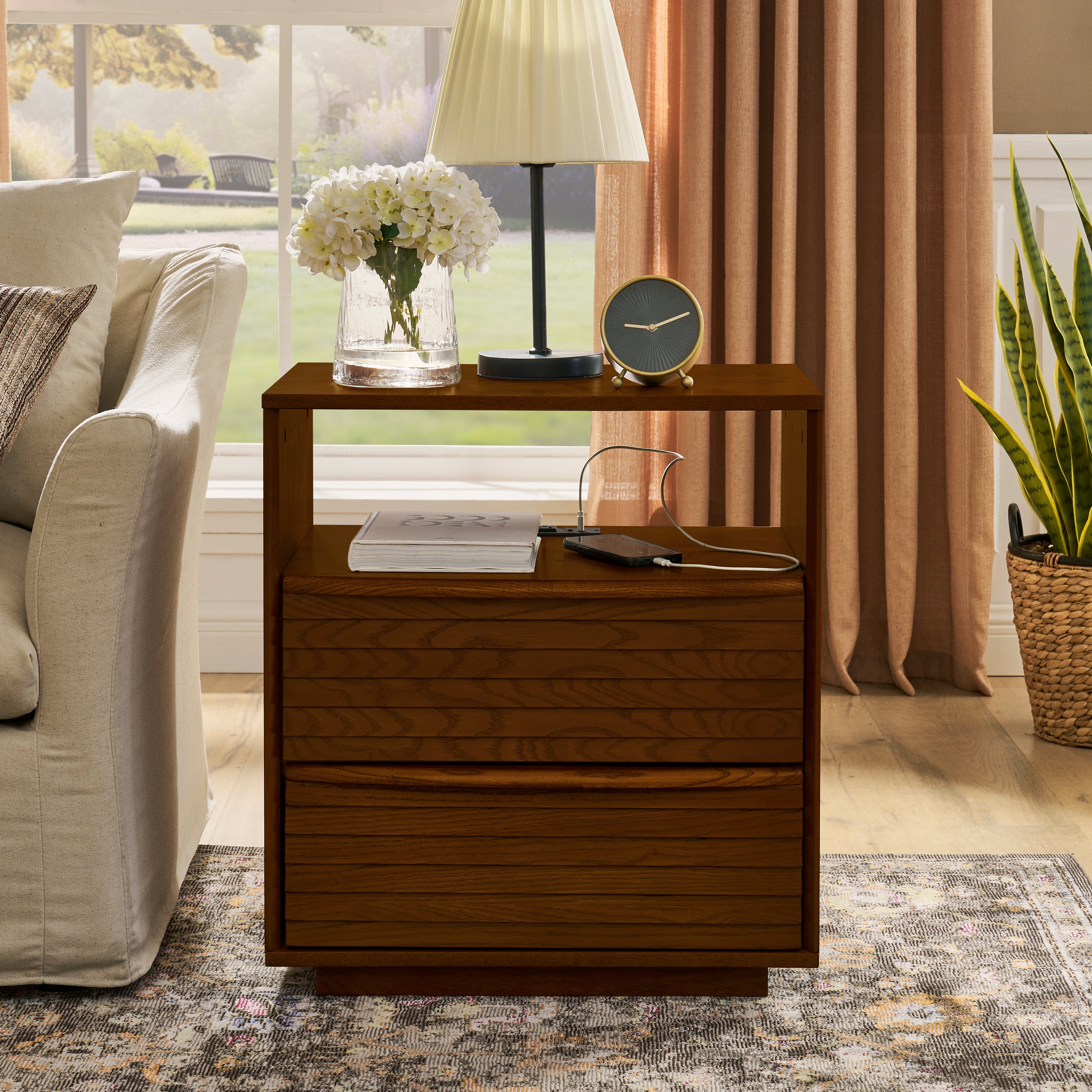 Mid Century Modern Nightstand with Charging Station & Outlet Hole & 2 Solid Wood Drawers, Louver Design Farmhouse End Table with Open Shelf & Drawer Dresser for Living Room Reception Room Dorm, Walnut