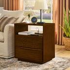 Mid Century Modern Nightstand with Charging Station & Outlet Hole & 2 Solid Wood Drawers, Louver Design Farmhouse End Table with Open Shelf & Drawer Dresser for Living Room Reception Room Dorm, Walnut