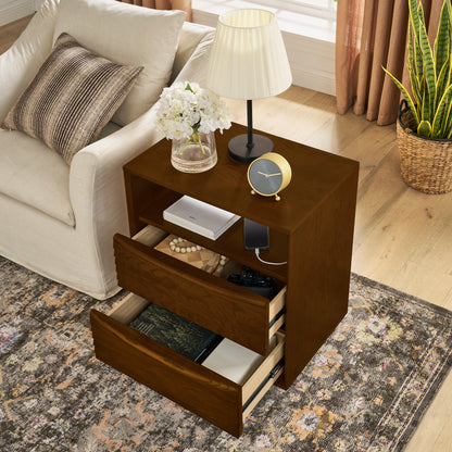 Mid Century Modern Nightstand with Charging Station & Outlet Hole & 2 Solid Wood Drawers, Louver Design Farmhouse End Table with Open Shelf & Drawer Dresser for Living Room Reception Room Dorm, Walnut