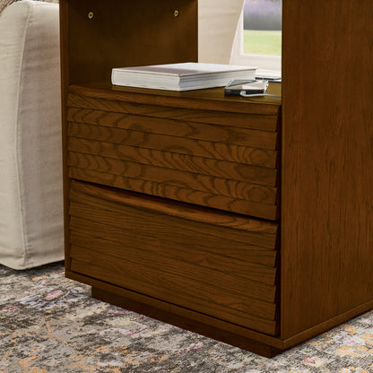 Mid Century Modern Nightstand with Charging Station & Outlet Hole & 2 Solid Wood Drawers, Louver Design Farmhouse End Table with Open Shelf & Drawer Dresser for Living Room Reception Room Dorm, Walnut