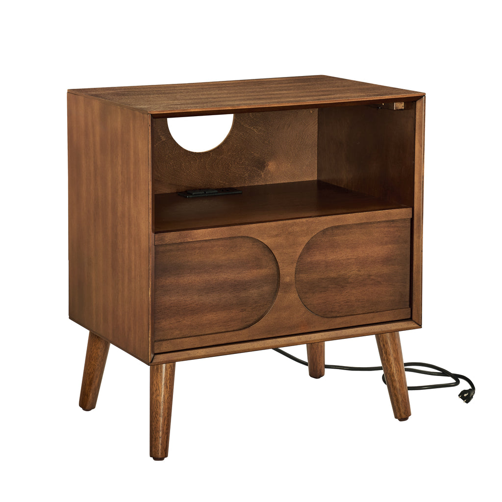 Mid Century Modern Fluted Nightstand with Charging Station USB Ports & Outlet Hole & 4 Solid Wood Legs, Farmhouse End Table with Open Space and Drawer Dresser, Walnut - Groovy Boardz