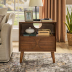 Mid Century Modern Fluted Nightstand with Charging Station USB Ports & Outlet Hole & 4 Solid Wood Legs, Farmhouse End Table with Open Space and Drawer Dresser, Walnut - Groovy Boardz