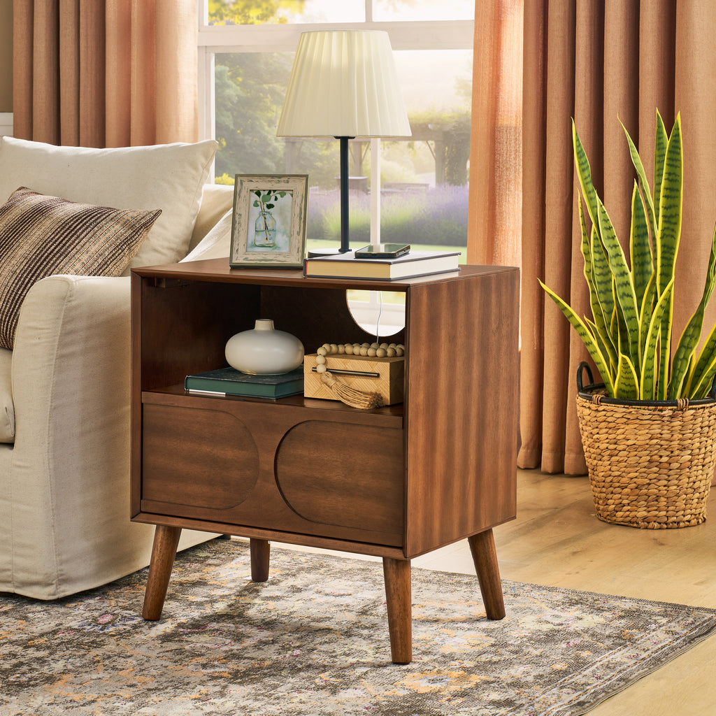 Mid Century Modern Fluted Nightstand with Charging Station USB Ports & Outlet Hole & 4 Solid Wood Legs, Farmhouse End Table with Open Space and Drawer Dresser, Walnut - Groovy Boardz