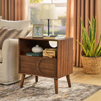 Mid Century Modern Fluted Nightstand with Charging Station USB Ports & Outlet Hole & 4 Solid Wood Legs, Farmhouse End Table with Open Space and Drawer Dresser, Walnut - Groovy Boardz