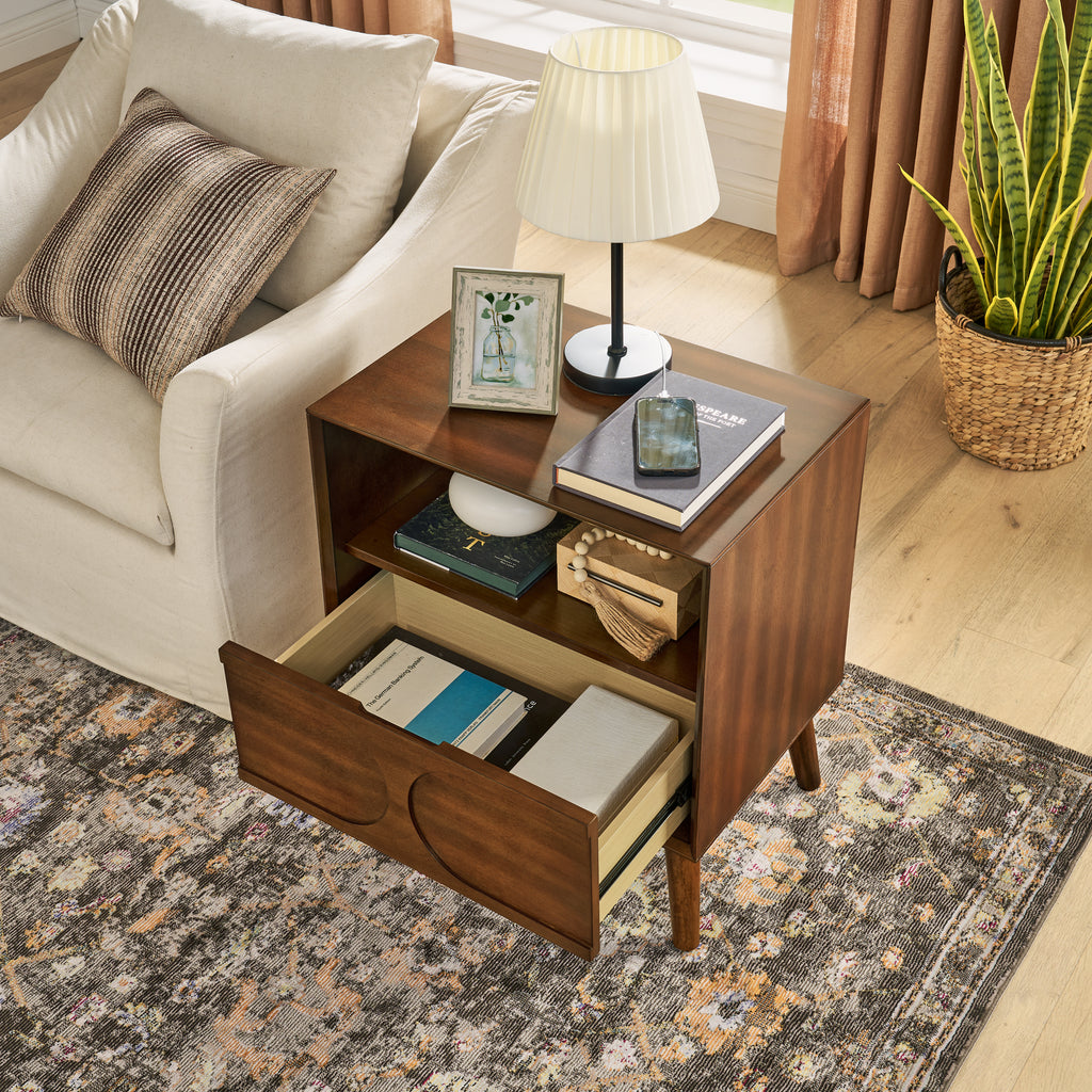 Mid Century Modern Fluted Nightstand with Charging Station USB Ports & Outlet Hole & 4 Solid Wood Legs, Farmhouse End Table with Open Space and Drawer Dresser, Walnut - Groovy Boardz