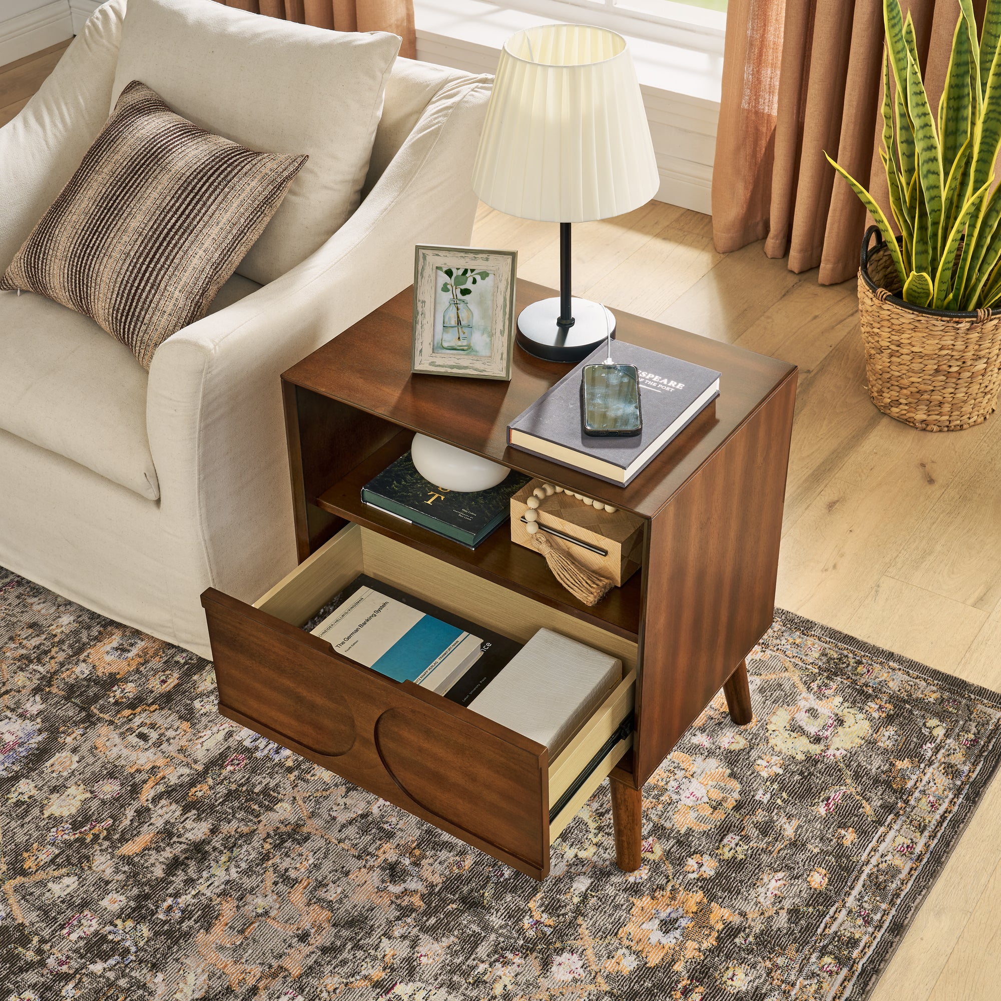 Mid Century Modern Fluted Nightstand with Charging Station USB Ports & Outlet Hole & 4 Solid Wood Legs, Farmhouse End Table with Open Space and Drawer Dresser, Walnut - Groovy Boardz