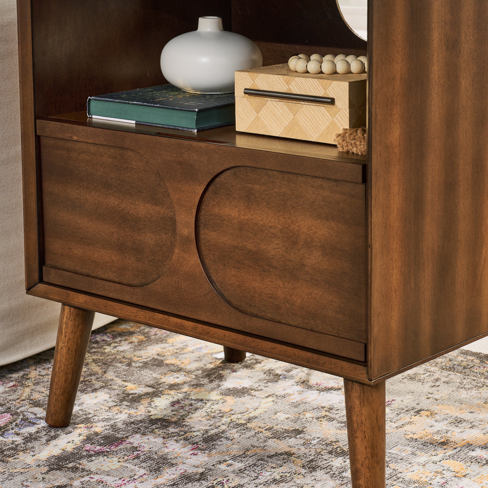 Mid Century Modern Fluted Nightstand with Charging Station USB Ports & Outlet Hole & 4 Solid Wood Legs, Farmhouse End Table with Open Space and Drawer Dresser, Walnut - Groovy Boardz