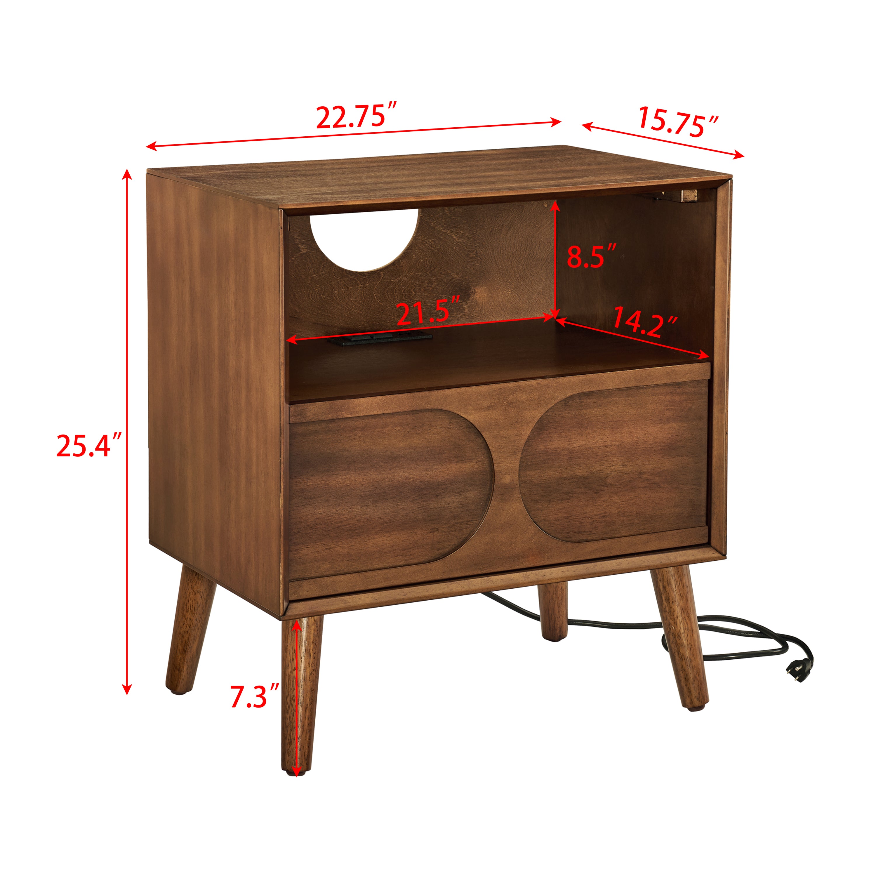 Mid Century Modern Fluted Nightstand with Charging Station USB Ports & Outlet Hole & 4 Solid Wood Legs, Farmhouse End Table with Open Space and Drawer Dresser, Walnut - Groovy Boardz