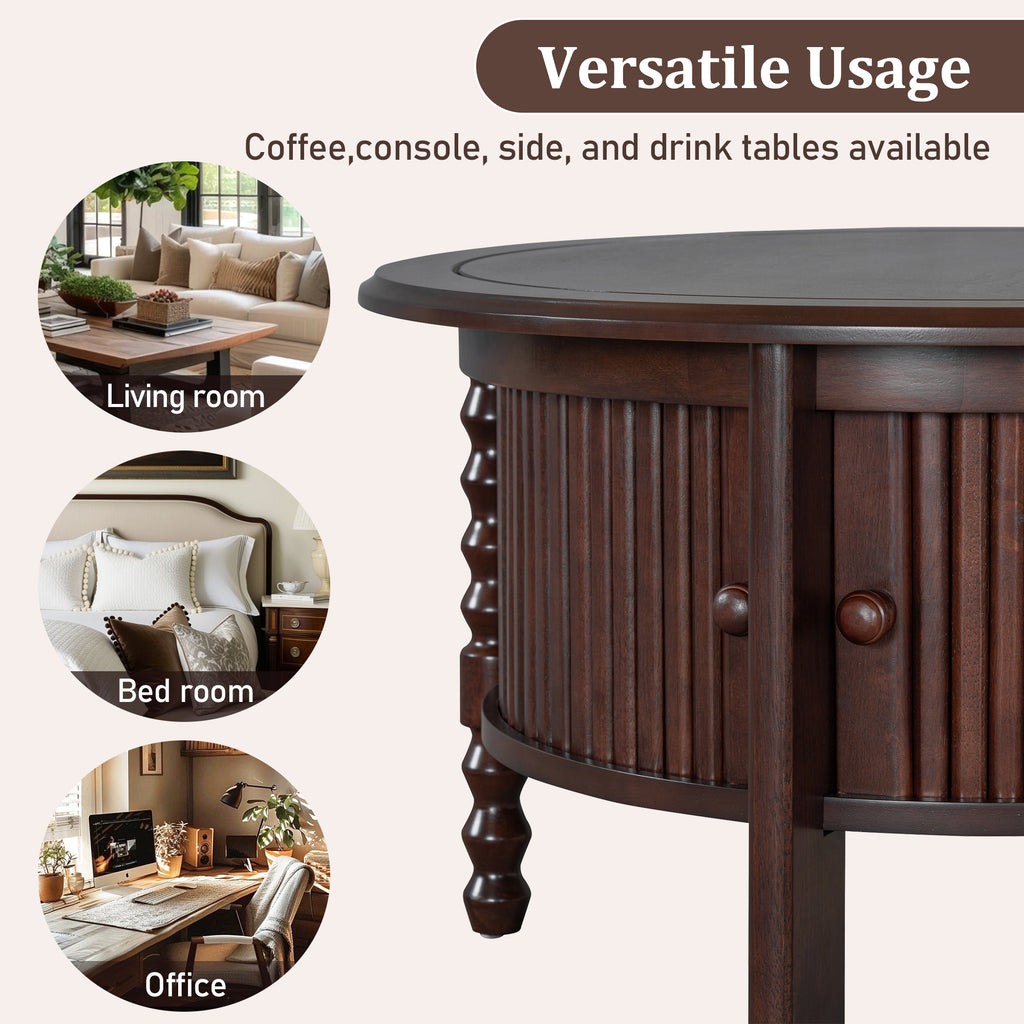 Vintage Round Coffee Table with Storage in 30.3' for Living Room, Mid Century Modern Cocktail Table with Sliding Door, Slatted Design Accent Table for Small Space, Walnut