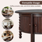 Vintage Round Coffee Table with Storage in 30.3' for Living Room, Mid Century Modern Cocktail Table with Sliding Door, Slatted Design Accent Table for Small Space, Walnut