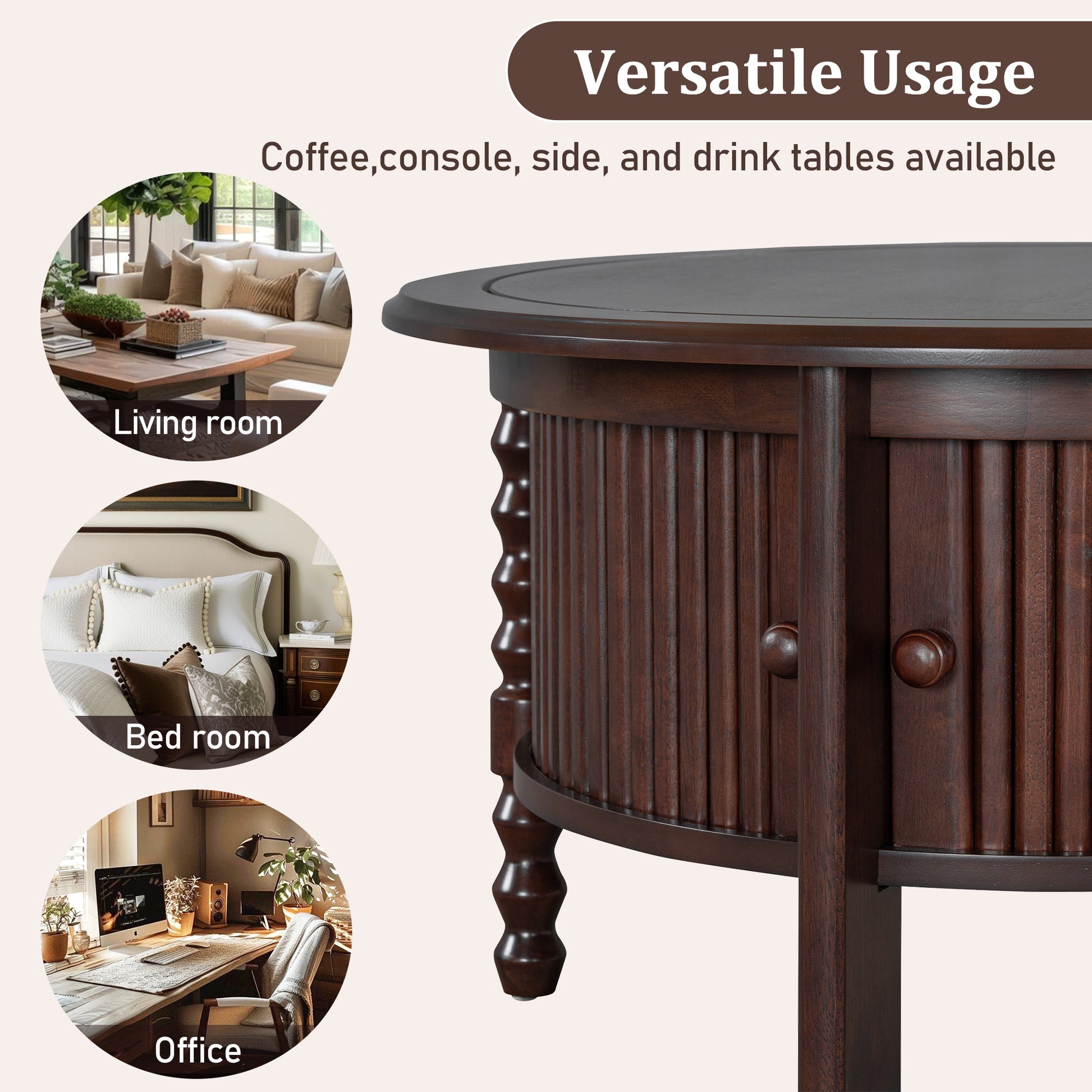 Vintage Round Coffee Table with Storage in 30.3' for Living Room, Mid Century Modern Cocktail Table with Sliding Door, Slatted Design Accent Table for Small Space, Walnut