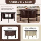 Vintage Round Coffee Table with Storage in 30.3' for Living Room, Mid Century Modern Cocktail Table with Sliding Door, Slatted Design Accent Table for Small Space, Walnut