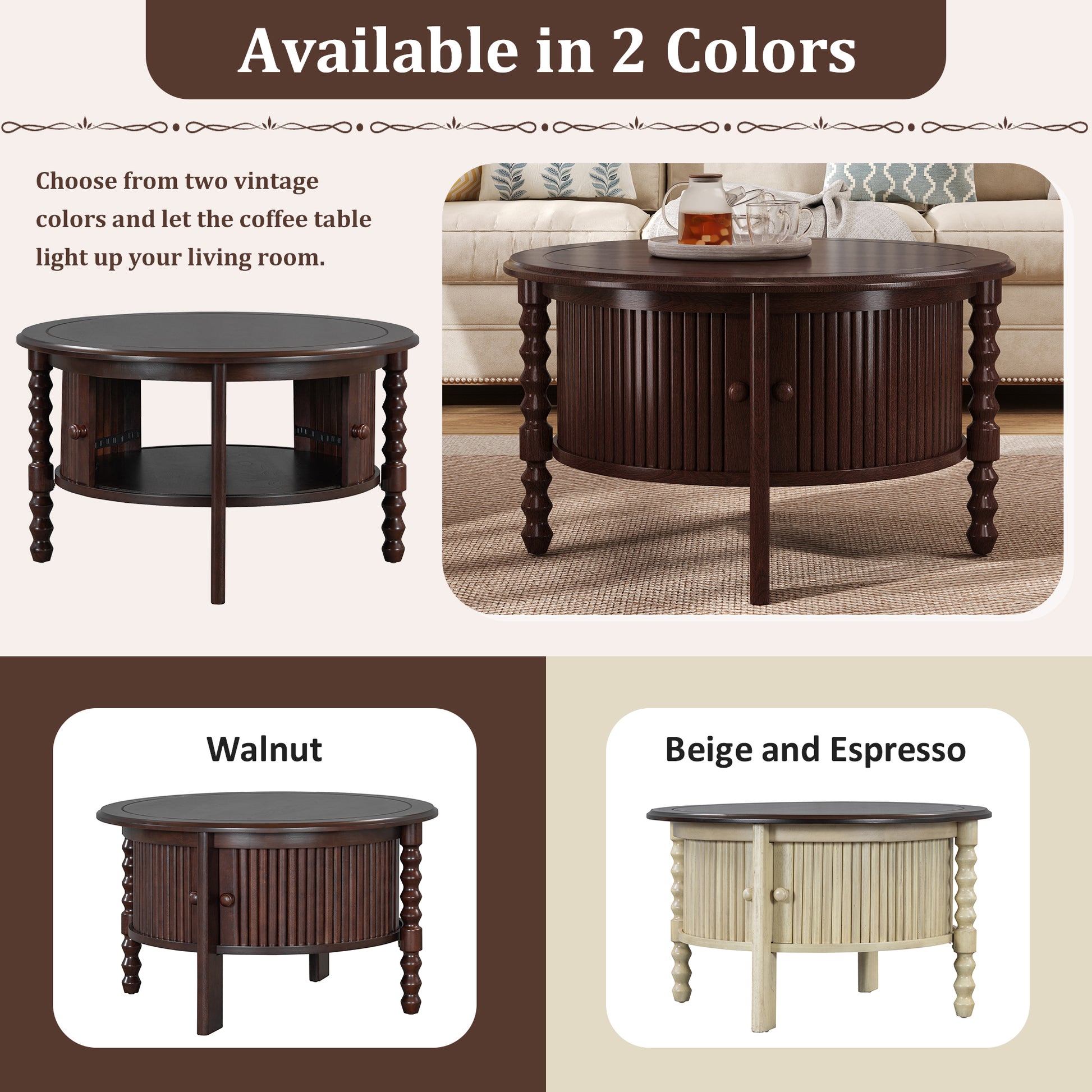 Vintage Round Coffee Table with Storage in 30.3' for Living Room, Mid Century Modern Cocktail Table with Sliding Door, Slatted Design Accent Table for Small Space, Walnut