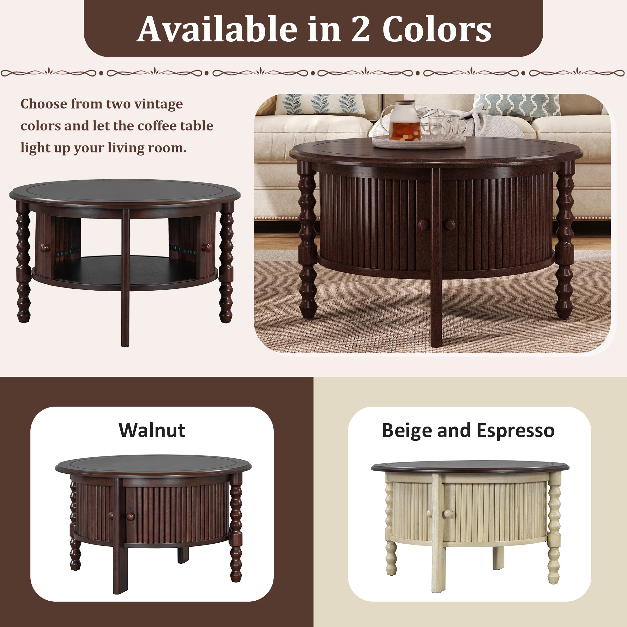Vintage Round Coffee Table with Storage in 30.3' for Living Room, Mid Century Modern Cocktail Table with Sliding Door, Slatted Design Accent Table for Small Space, Walnut