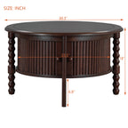 Vintage Round Coffee Table with Storage in 30.3' for Living Room, Mid Century Modern Cocktail Table with Sliding Door, Slatted Design Accent Table for Small Space, Walnut