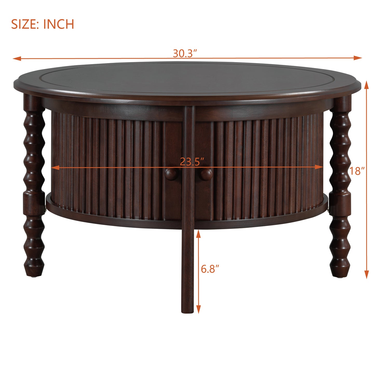Vintage Round Coffee Table with Storage in 30.3' for Living Room, Mid Century Modern Cocktail Table with Sliding Door, Slatted Design Accent Table for Small Space, Walnut