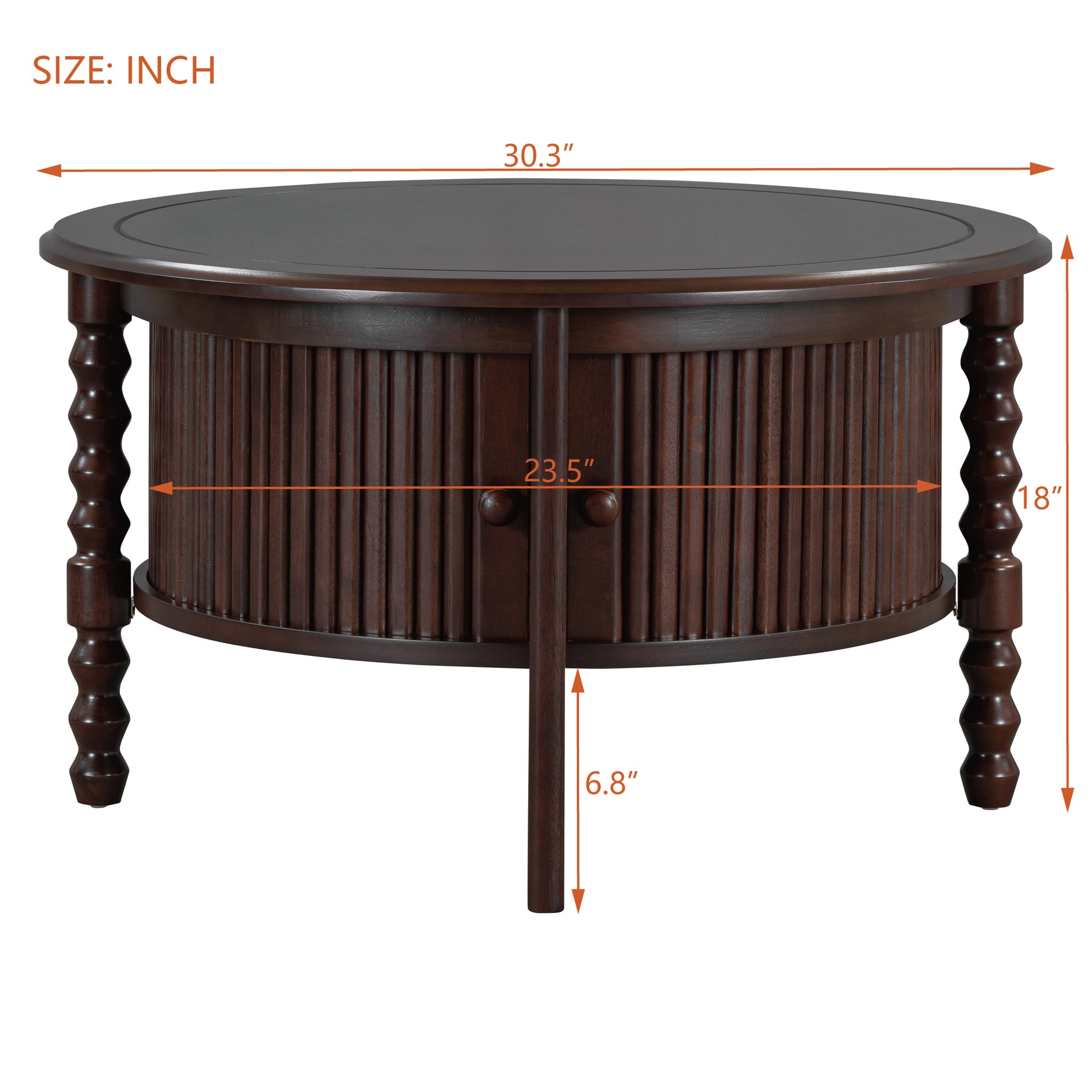 Vintage Round Coffee Table with Storage in 30.3' for Living Room, Mid Century Modern Cocktail Table with Sliding Door, Slatted Design Accent Table for Small Space, Walnut