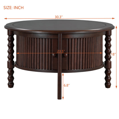 Vintage Round Coffee Table with Storage in 30.3' for Living Room, Mid Century Modern Cocktail Table with Sliding Door, Slatted Design Accent Table for Small Space, Walnut