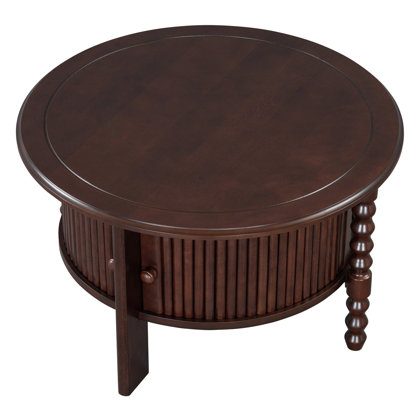 Vintage Round Coffee Table with Storage in 30.3' for Living Room, Mid Century Modern Cocktail Table with Sliding Door, Slatted Design Accent Table for Small Space, Walnut