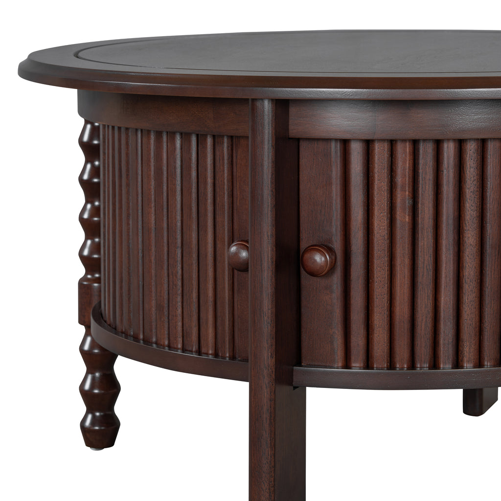 Vintage Round Coffee Table with Storage in 30.3' for Living Room, Mid Century Modern Cocktail Table with Sliding Door, Slatted Design Accent Table for Small Space, Walnut