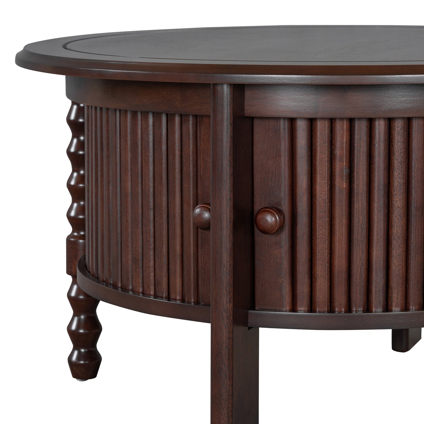 Vintage Round Coffee Table with Storage in 30.3' for Living Room, Mid Century Modern Cocktail Table with Sliding Door, Slatted Design Accent Table for Small Space, Walnut