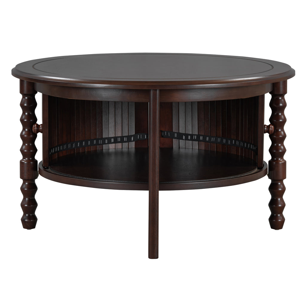 Vintage Round Coffee Table with Storage in 30.3' for Living Room, Mid Century Modern Cocktail Table with Sliding Door, Slatted Design Accent Table for Small Space, Walnut
