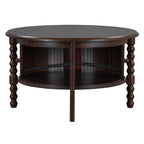 Vintage Round Coffee Table with Storage in 30.3' for Living Room, Mid Century Modern Cocktail Table with Sliding Door, Slatted Design Accent Table for Small Space, Walnut