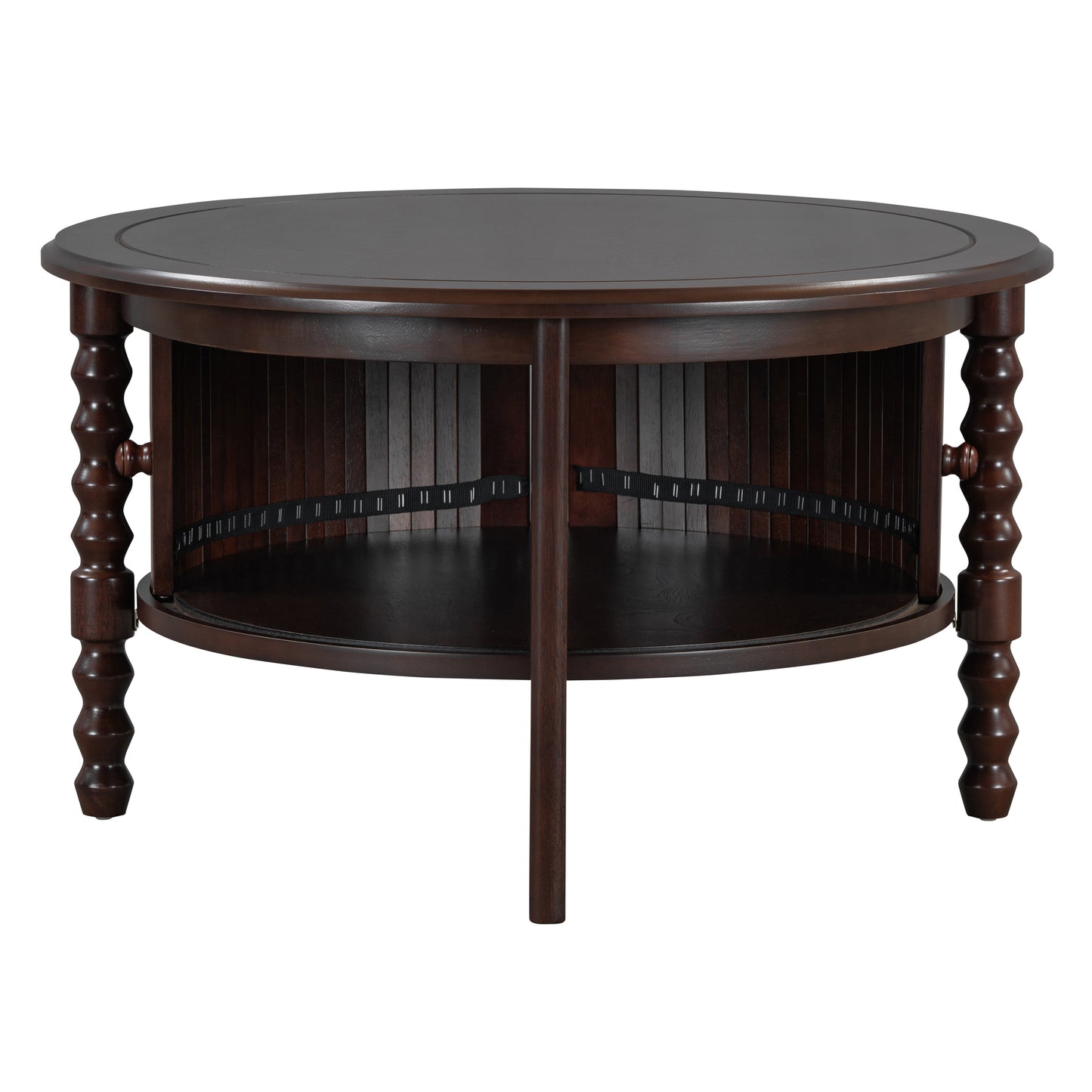 Vintage Round Coffee Table with Storage in 30.3' for Living Room, Mid Century Modern Cocktail Table with Sliding Door, Slatted Design Accent Table for Small Space, Walnut