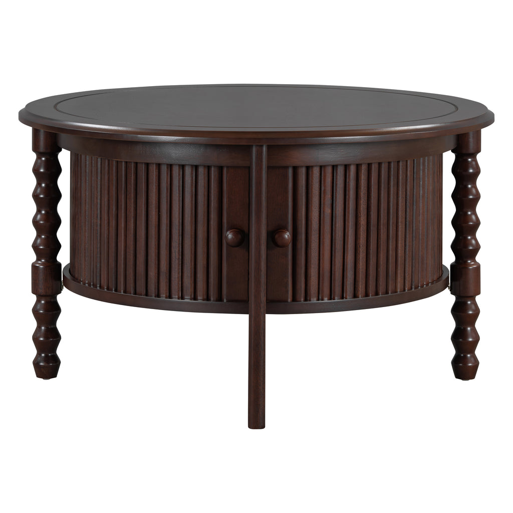 Vintage Round Coffee Table with Storage in 30.3' for Living Room, Mid Century Modern Cocktail Table with Sliding Door, Slatted Design Accent Table for Small Space, Walnut
