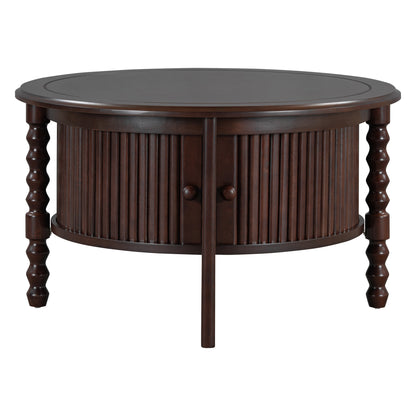 Vintage Round Coffee Table with Storage in 30.3' for Living Room, Mid Century Modern Cocktail Table with Sliding Door, Slatted Design Accent Table for Small Space, Walnut