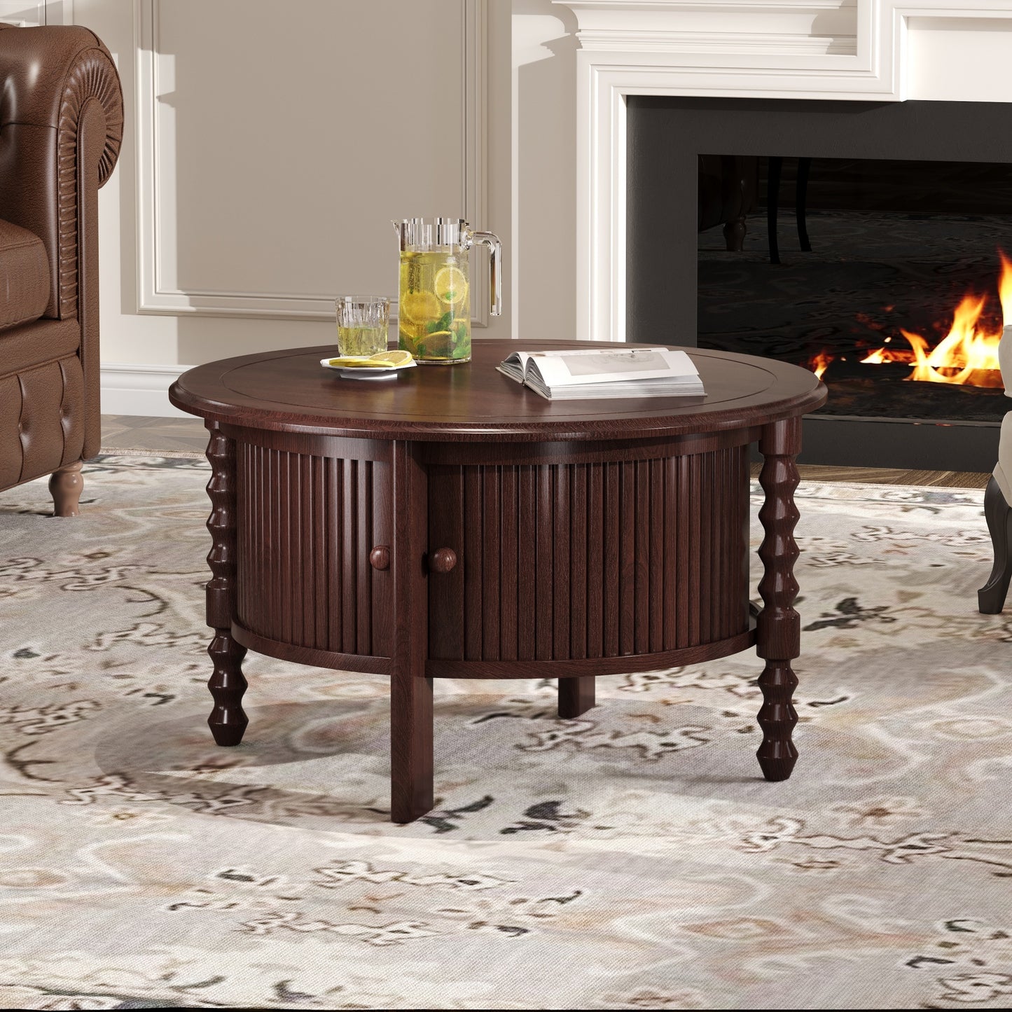 Vintage Round Coffee Table with Storage in 30.3' for Living Room, Mid Century Modern Cocktail Table with Sliding Door, Slatted Design Accent Table for Small Space, Walnut