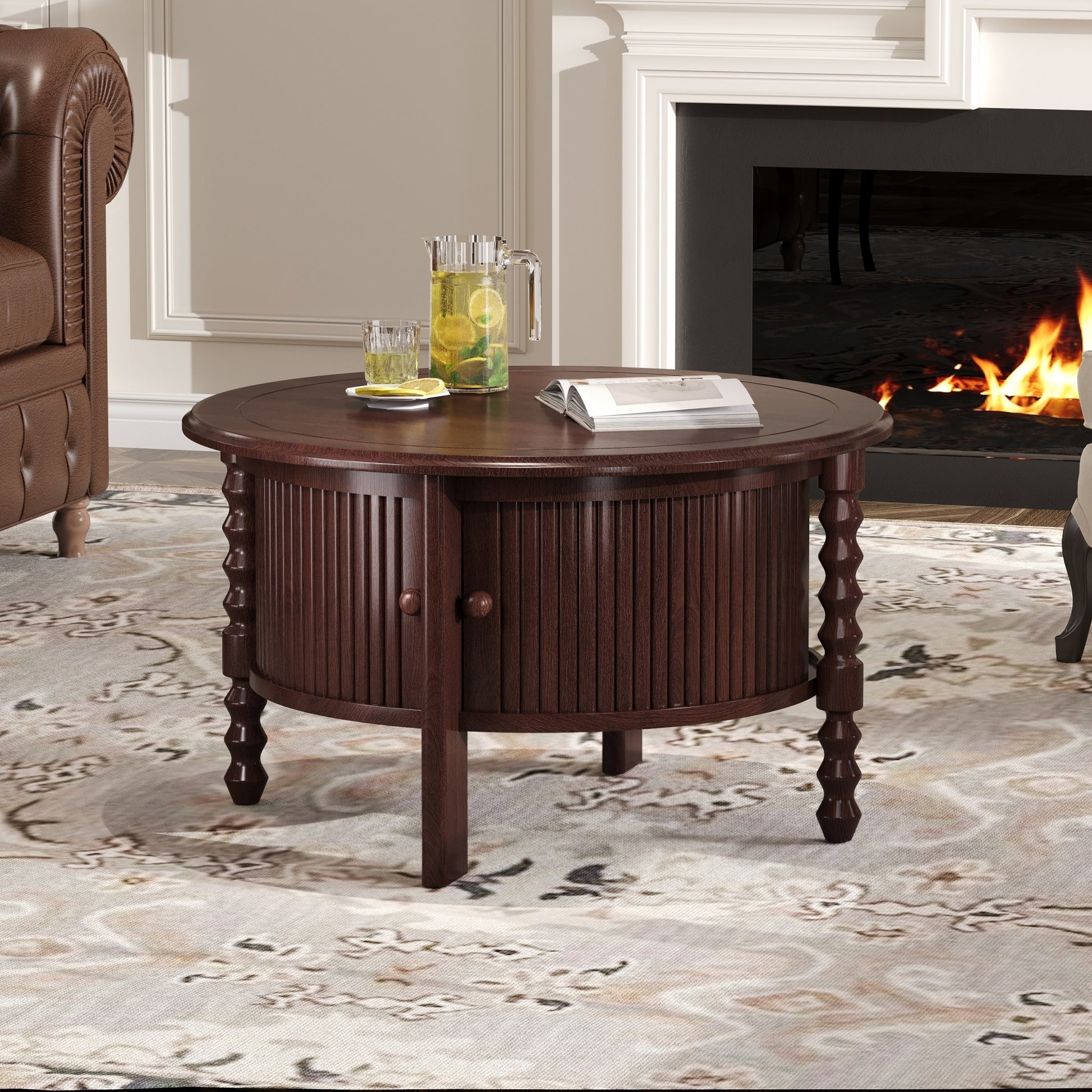 Vintage Round Coffee Table with Storage in 30.3' for Living Room, Mid Century Modern Cocktail Table with Sliding Door, Slatted Design Accent Table for Small Space, Walnut