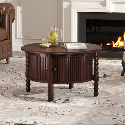 Vintage Round Coffee Table with Storage in 30.3' for Living Room, Mid Century Modern Cocktail Table with Sliding Door, Slatted Design Accent Table for Small Space, Walnut