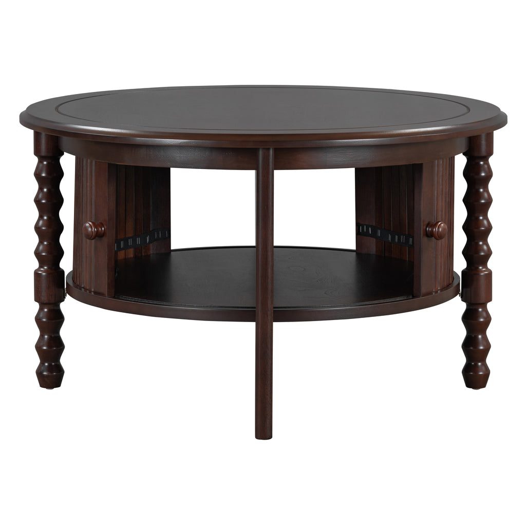 Vintage Round Coffee Table with Storage in 30.3' for Living Room, Mid Century Modern Cocktail Table with Sliding Door, Slatted Design Accent Table for Small Space, Walnut